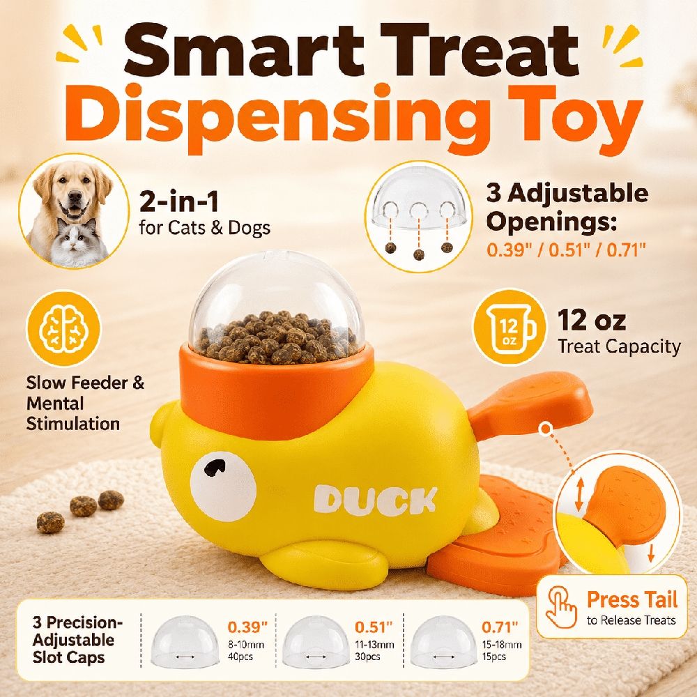 Cat Treat Toy, Duck Treat Dispenser with Adjustable Openings & Slow Feeder Puzzle, Interactive Pet Toy for Indoor Training, Playtime, Cats and Small Dogs