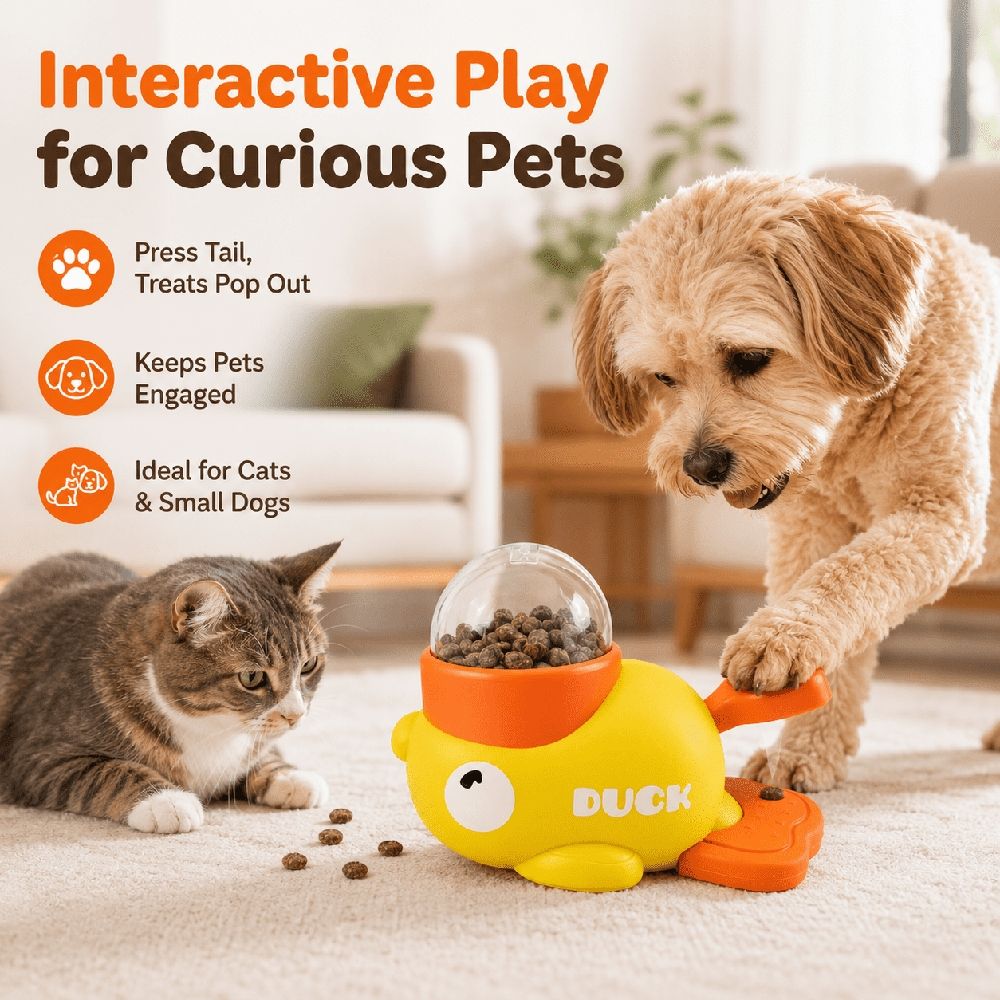 Cat Treat Toy, Duck Treat Dispenser with Adjustable Openings & Slow Feeder Puzzle, Interactive Pet Toy for Indoor Training, Playtime, Cats and Small Dogs