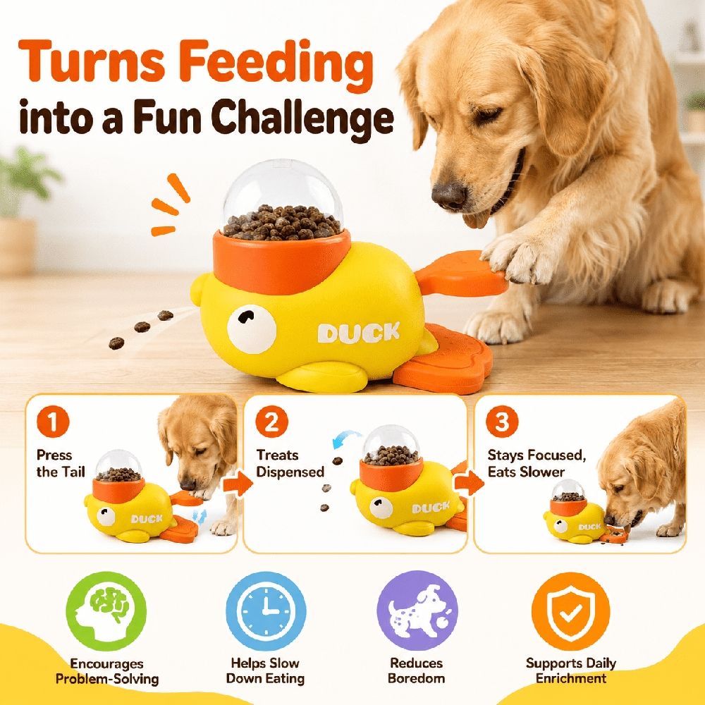 Cat Treat Toy, Duck Treat Dispenser with Adjustable Openings & Slow Feeder Puzzle, Interactive Pet Toy for Indoor Training, Playtime, Cats and Small Dogs