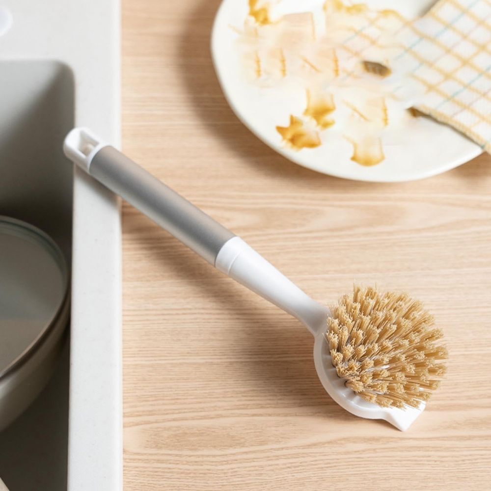Long Handle Pot & Pan Cleaning Brush | PVC Scrub Brush for Kitchen & Bathroom | Non-Slip Grip | 10.6-Inch White Dish Brush for Stubborn Stains & Grease