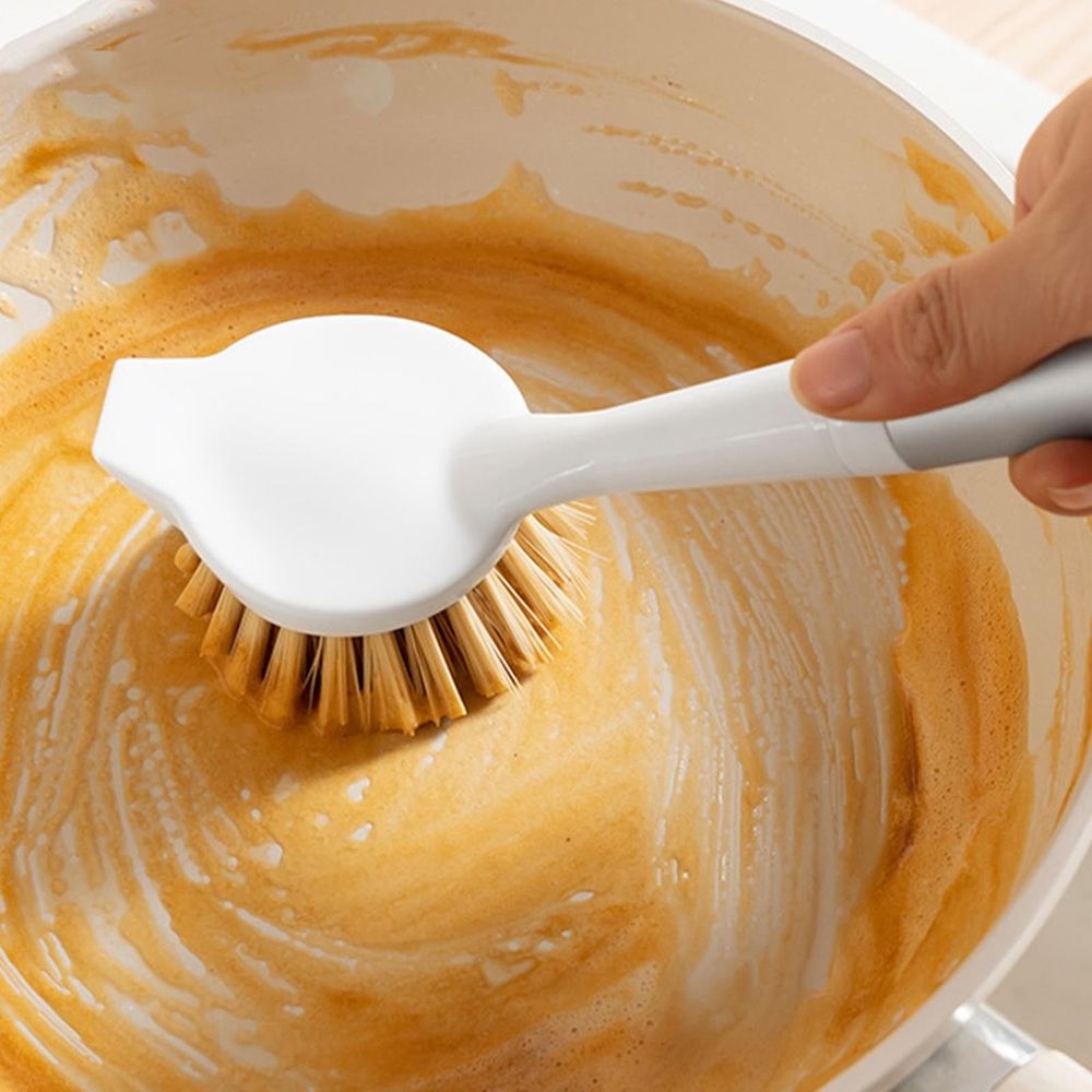 Long Handle Pot & Pan Cleaning Brush | PVC Scrub Brush for Kitchen & Bathroom | Non-Slip Grip | 10.6-Inch White Dish Brush for Stubborn Stains & Grease