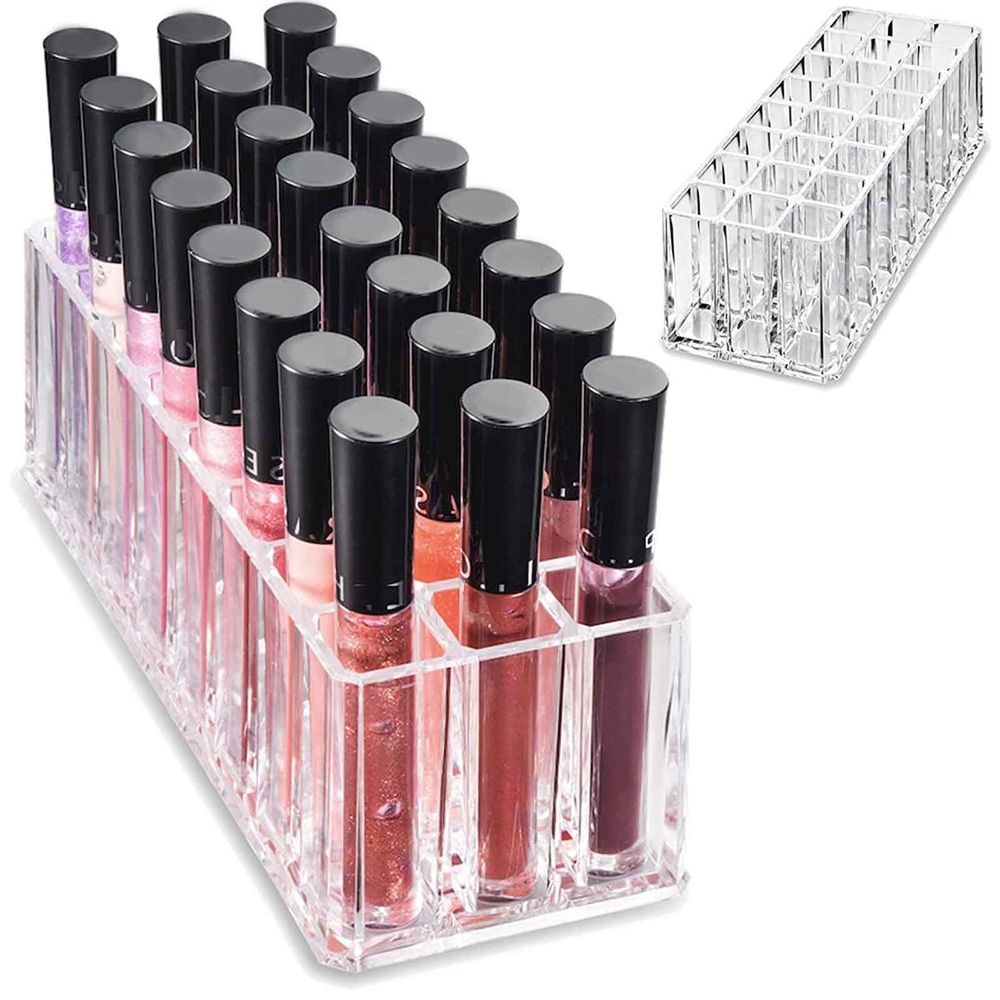 Acrylic Lipstick Organizer with 24 Slots | Clear Makeup Storage for Lipstick, Lip Gloss, Brushes & Bottles | Vanity Tabletop Display for Bathroom, Bedroom & Dressing Room