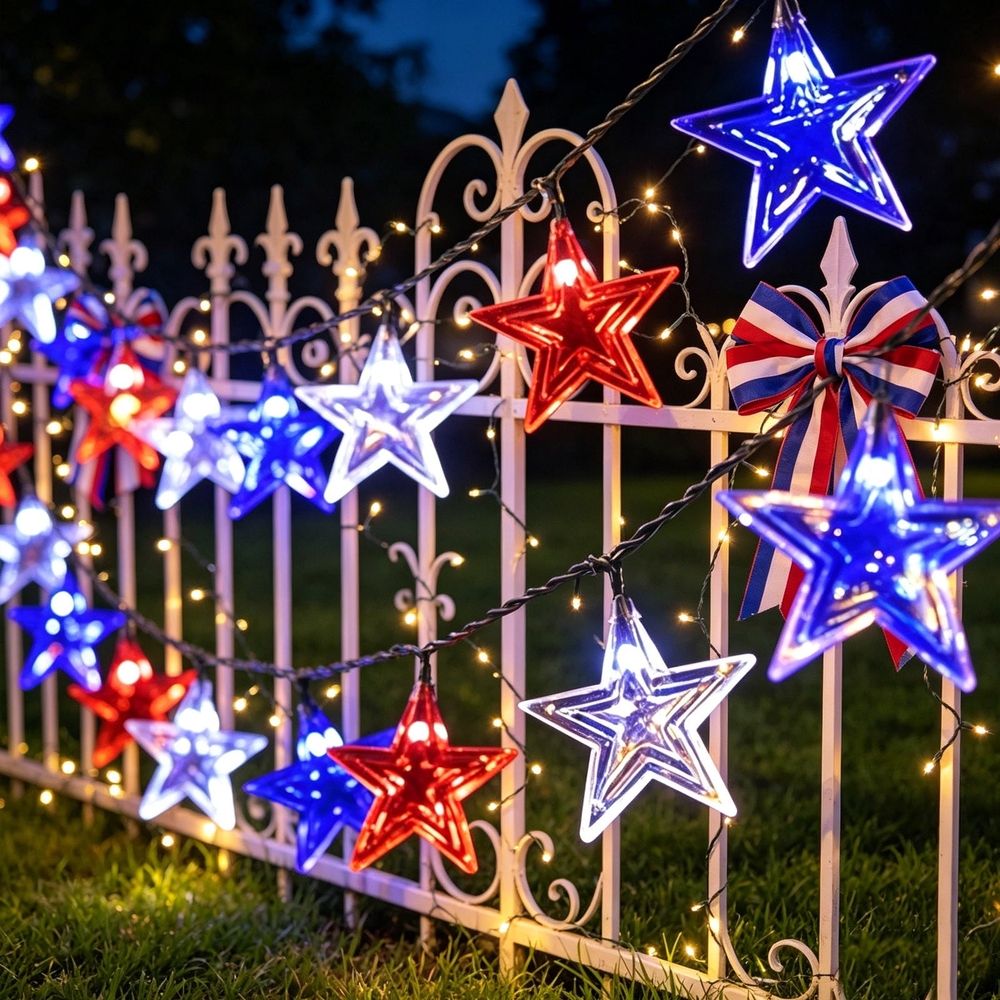 Solar LED Star String Lights Outdoor 23ft 50 Stars Red White Blue Patriotic Decorative for Independence Day Memorial Day 4th of July Party Patio Garden Fence Porch Tree Decor Waterproof Solar Powered