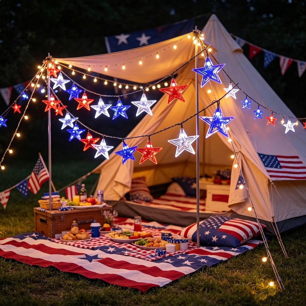 Solar LED Star String Lights Outdoor 23ft 50 Stars Red White Blue Patriotic Decorative for Independence Day Memorial Day 4th of July Party Patio Garden Fence Porch Tree Decor Waterproof Solar Powered