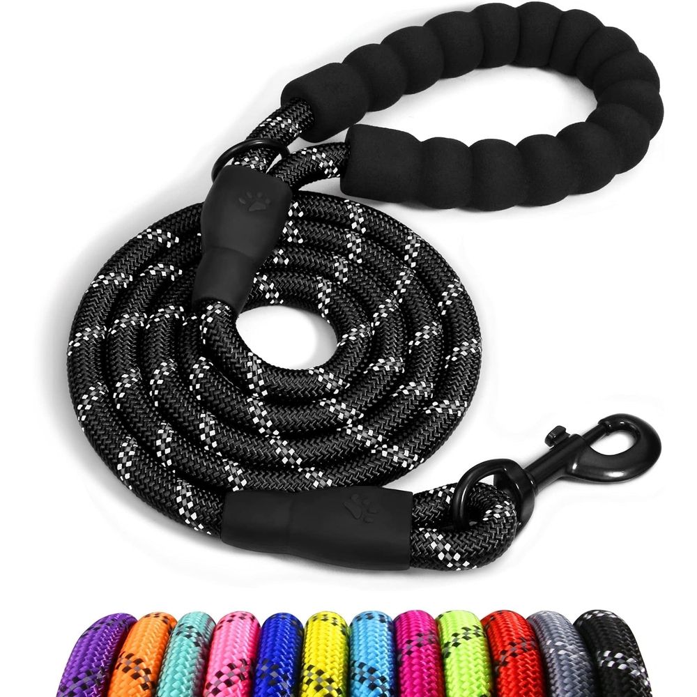 Rope Dog  6 FT with Comfortable Padded Handle, Highly Reflective Threads Dog  for Large Dogs, 1/2 inch, Black