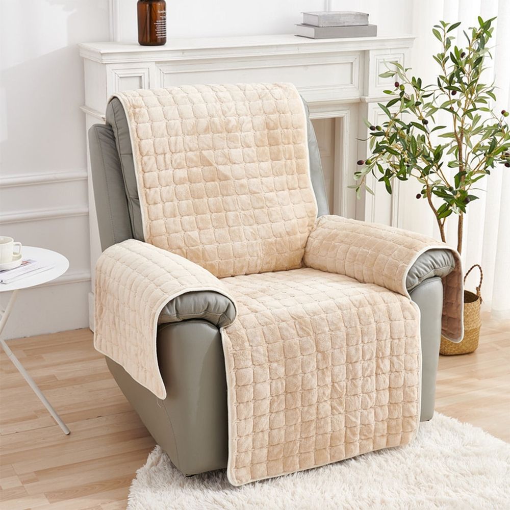 Velvet Recliner Chair Cover | Nonslip Sofa Protector with Elastic Straps for Pets | Washable Furniture Slipcover, 1-Pack, Beige