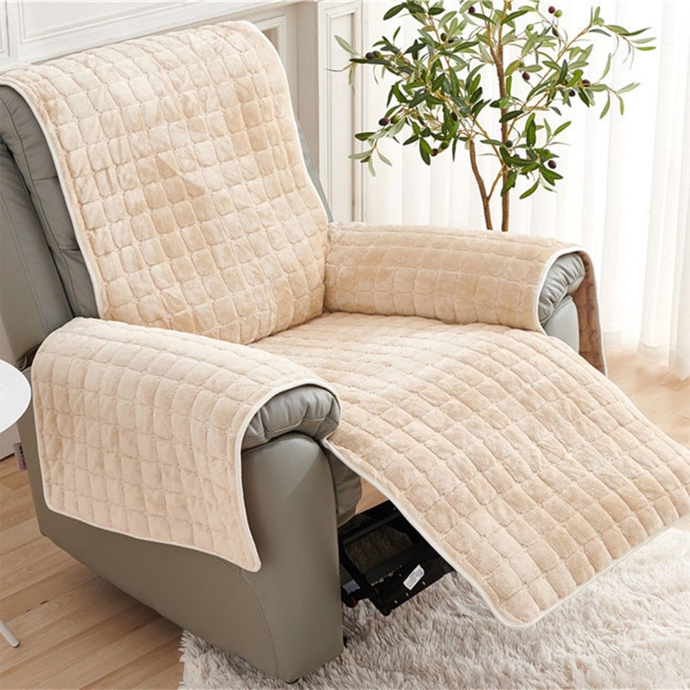 Velvet Recliner Chair Cover | Nonslip Sofa Protector with Elastic Straps for Pets | Washable Furniture Slipcover, 1-Pack, Beige
