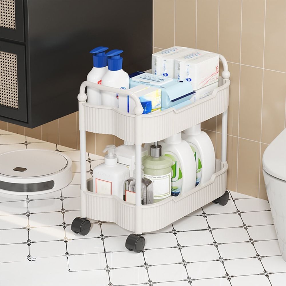 2-Tier Rolling Storage Cart with Armrests, Plastic Kitchen Bathroom Organizer Cart on Wheels for Toiletries, Snacks, Books, Toys, Pink Green White Black