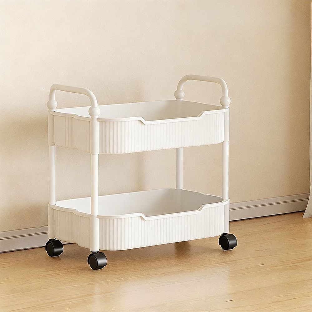 2-Tier Rolling Storage Cart with Armrests, Plastic Kitchen Bathroom Organizer Cart on Wheels for Toiletries, Snacks, Books, Toys, Pink Green White Black