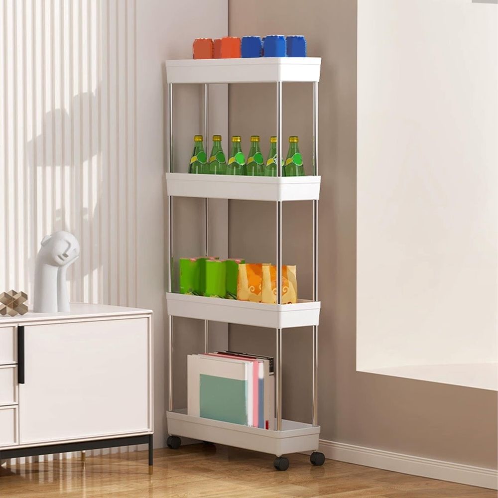 4-Tier Narrow Rolling Storage Cart with Wheels | Kitchen Shelving Unit for Spice Condiments | Multi-Purpose Bathroom Organizer Rack| Living Room Snack Cart | Vertical Space Saving Rolling Shelf