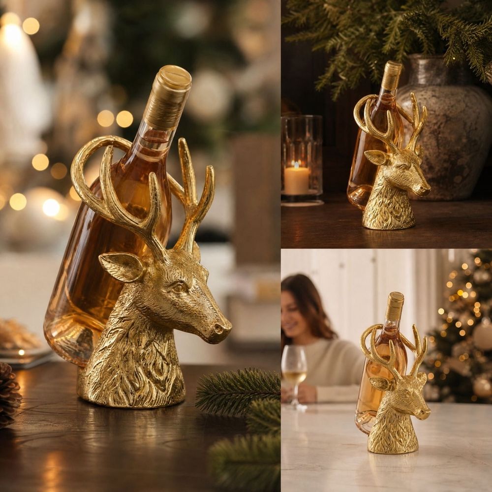 Christmas Reindeer Wine Bottle Holder Decorative Tabletop Stand Holiday Bottle Rack for Wine Champagne Dining Table Bar Counter Home Party Decor 10 inch