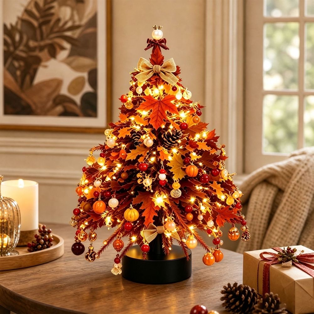 DIY Blue Winter Beaded Christmas Tree Kit with Flocked Snow Branches, Tabletop Mini Tree with Ornaments, Deer and Lights for Home Office Decor