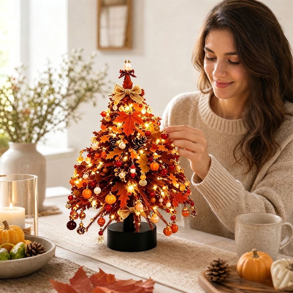 DIY Blue Winter Beaded Christmas Tree Kit with Flocked Snow Branches, Tabletop Mini Tree with Ornaments, Deer and Lights for Home Office Decor
