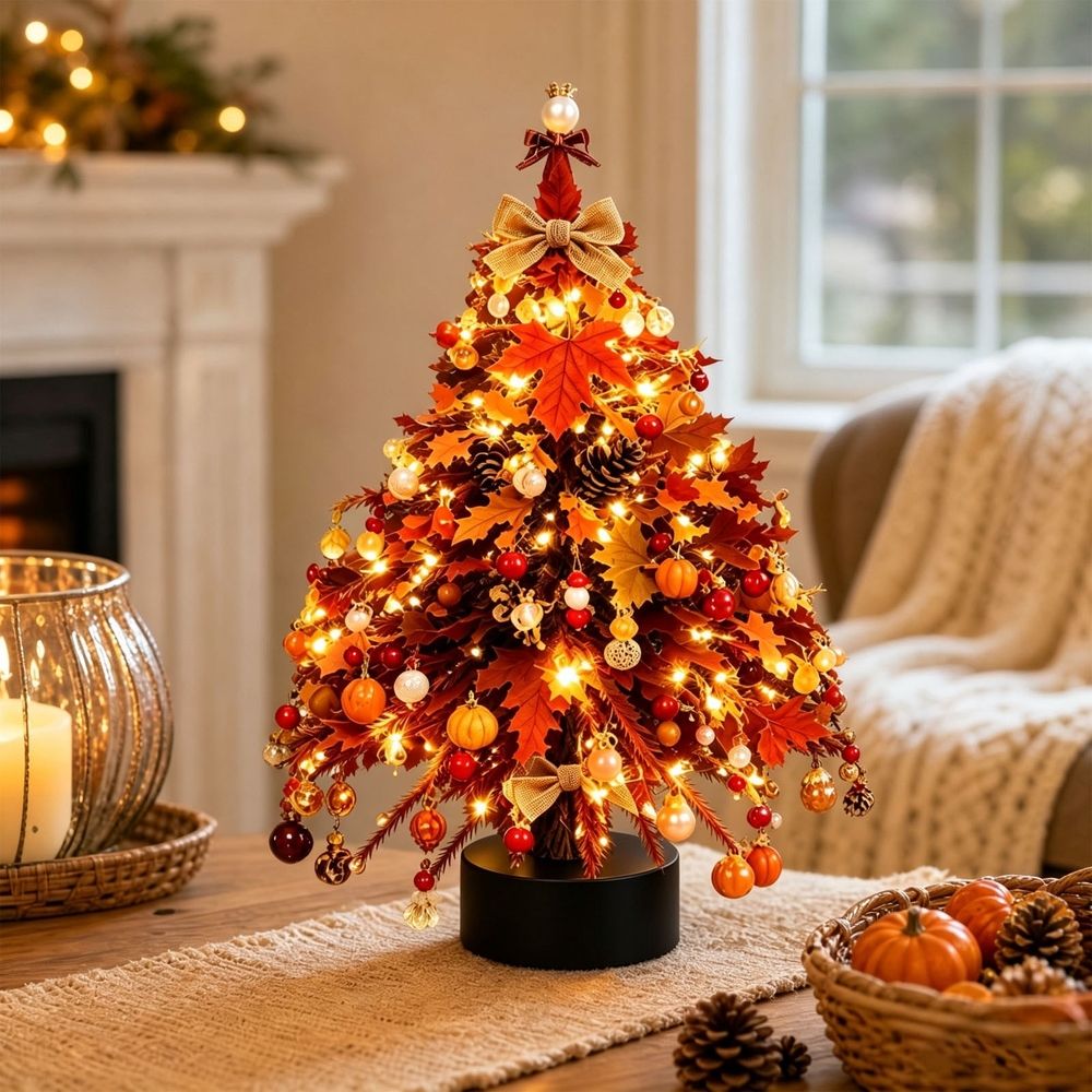 DIY Blue Winter Beaded Christmas Tree Kit with Flocked Snow Branches, Tabletop Mini Tree with Ornaments, Deer and Lights for Home Office Decor