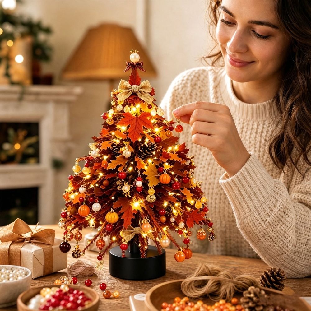 DIY Blue Winter Beaded Christmas Tree Kit with Flocked Snow Branches, Tabletop Mini Tree with Ornaments, Deer and Lights for Home Office Decor