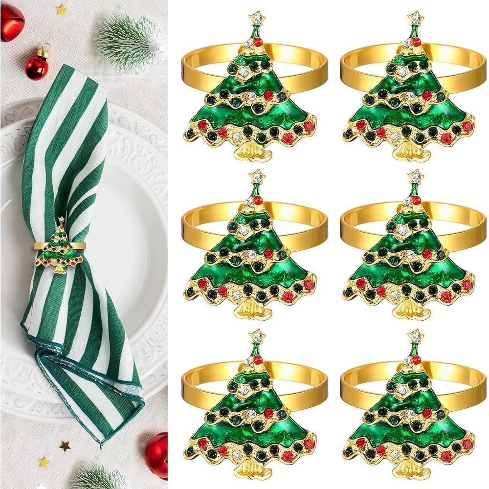Christmas Napkin Rings Set of 6, Holiday Christmas Tree Napkin Rings Christmas Napkin Holder Rings for Christmas Dinning Table Decorations
