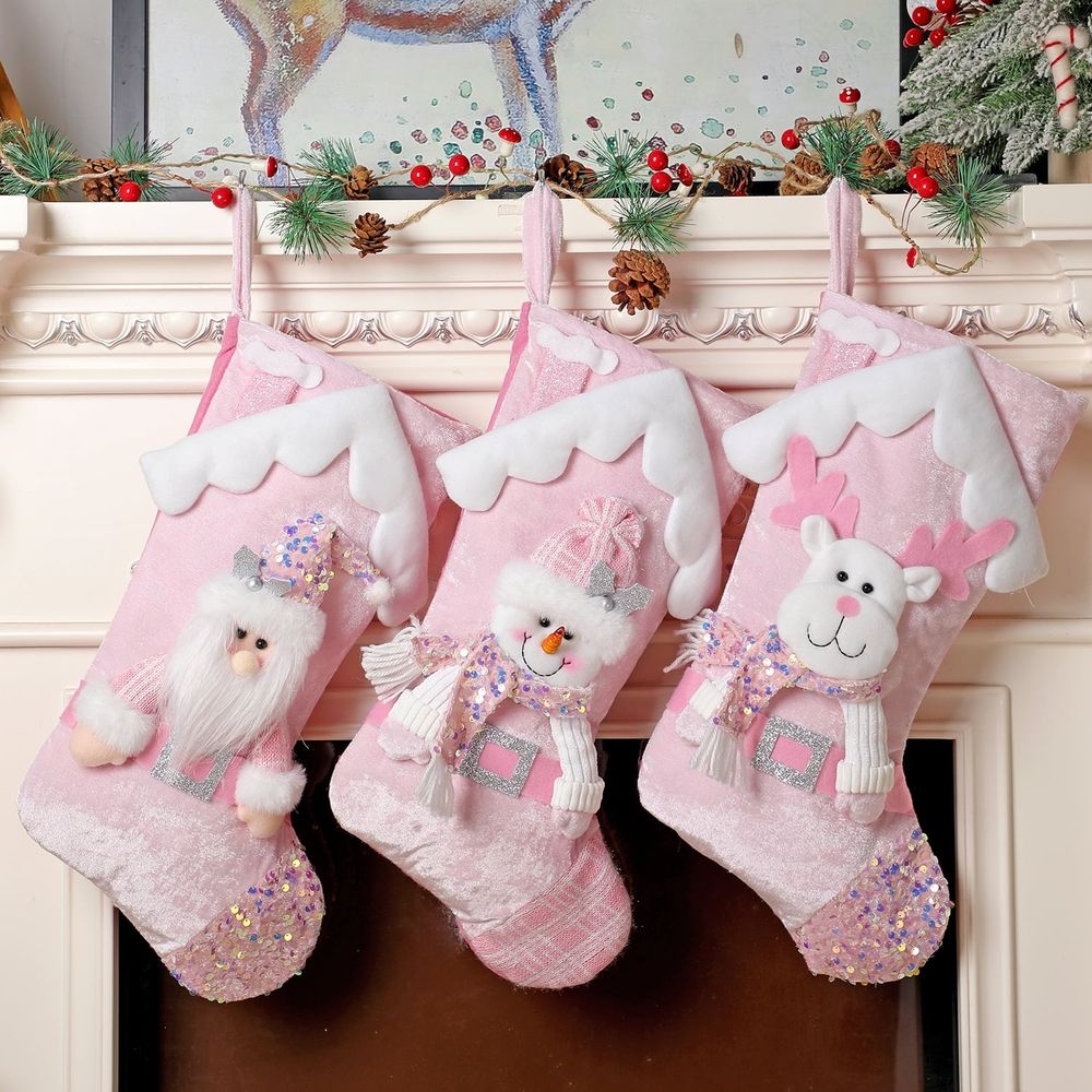 Christmas Stocking Pink Snowman Reindeer 18 Inches Xmas Stockings Holiday Christmas Decoration Gifts for Family Gril Boy Kids