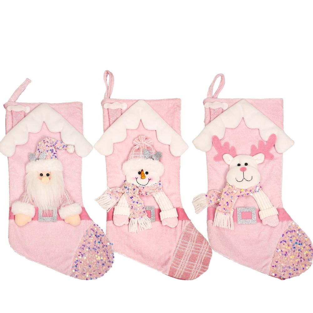 Christmas Stocking Pink Snowman Reindeer 18 Inches Xmas Stockings Holiday Christmas Decoration Gifts for Family Gril Boy Kids