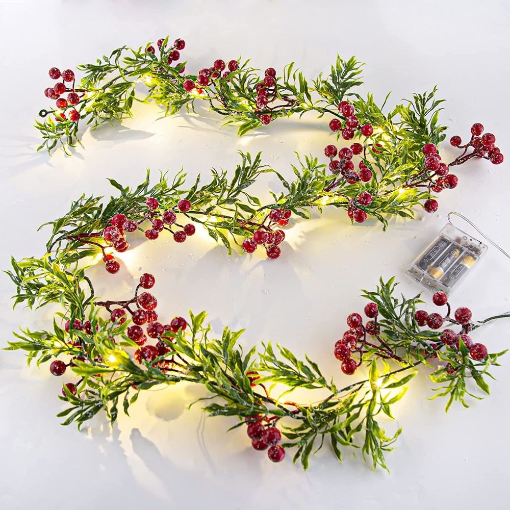 Artificial Christmas Garland String Lights with Snowy Red Berries 20 LED Lights Battery Operated for Xmas Mantle Indoor Outdoor Holiday Christmas Thanksgiving Decoration,5.9FT