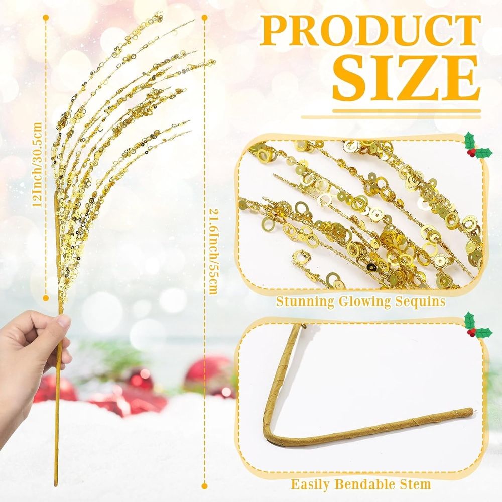 10PCS Glitter Christmas Picks Long Christmas Artificial Glitter Stem Flower Arrangements for Christmas Tree Xmas Party Wedding Vase Decorations 21Inch