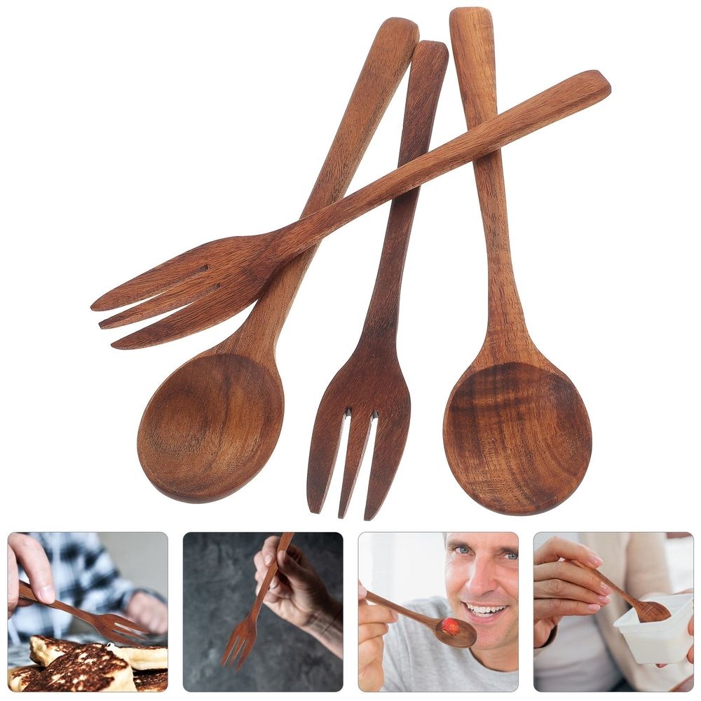 3-Piece Wooden Spoon and Fork Set Reusable Japanese Style Salad Forks Kitchen Utensils