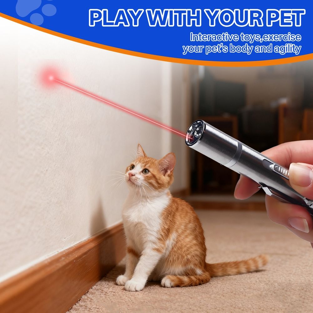 Interactive Cat Toy, USB-Rechargeable lazer pointer for cat with 3 Modes & 5 Light Patterns, Fun Indoor Play Accessory & Cat Gifts for Cat-Loving Families, Silver