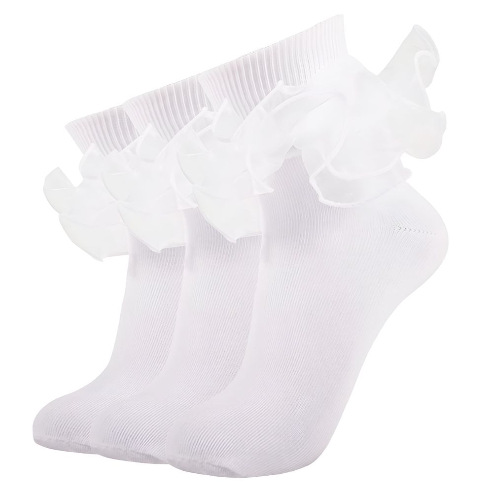 Big Ruffle Ankle Socks for Women, White Socks Women Ankle, Double Lace Frilly Fold Cuff Socks, 3 Pairs, White