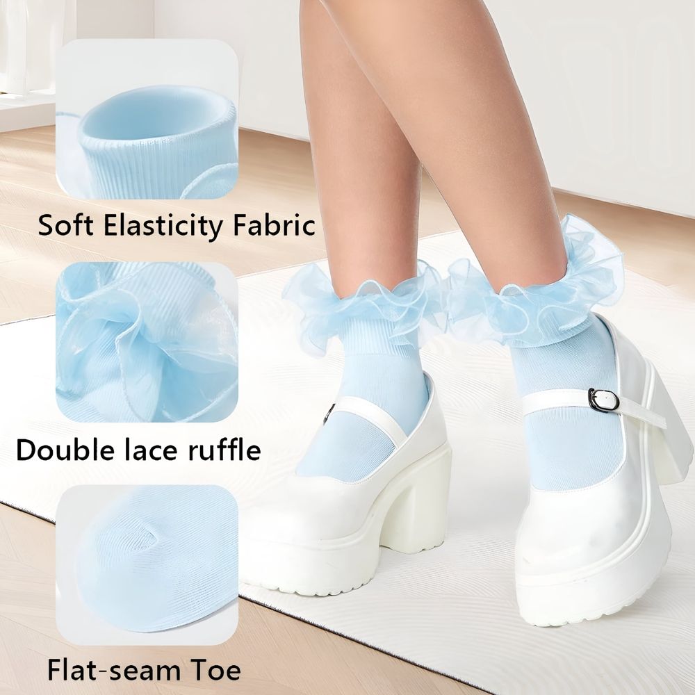Big Ruffle Ankle Socks for Women, White Socks Women Ankle, Double Lace Frilly Fold Cuff Socks, 3 Pairs, White