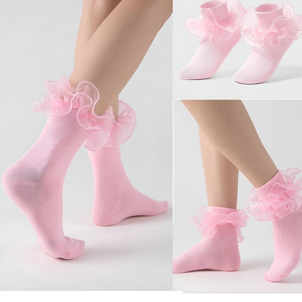 Big Ruffle Ankle Socks for Women, White Socks Women Ankle, Double Lace Frilly Fold Cuff Socks, 3 Pairs, White