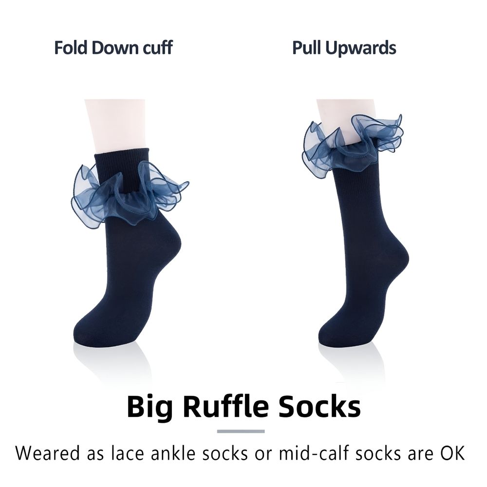 Big Ruffle Ankle Socks for Women, White Socks Women Ankle, Double Lace Frilly Fold Cuff Socks, 3 Pairs, White