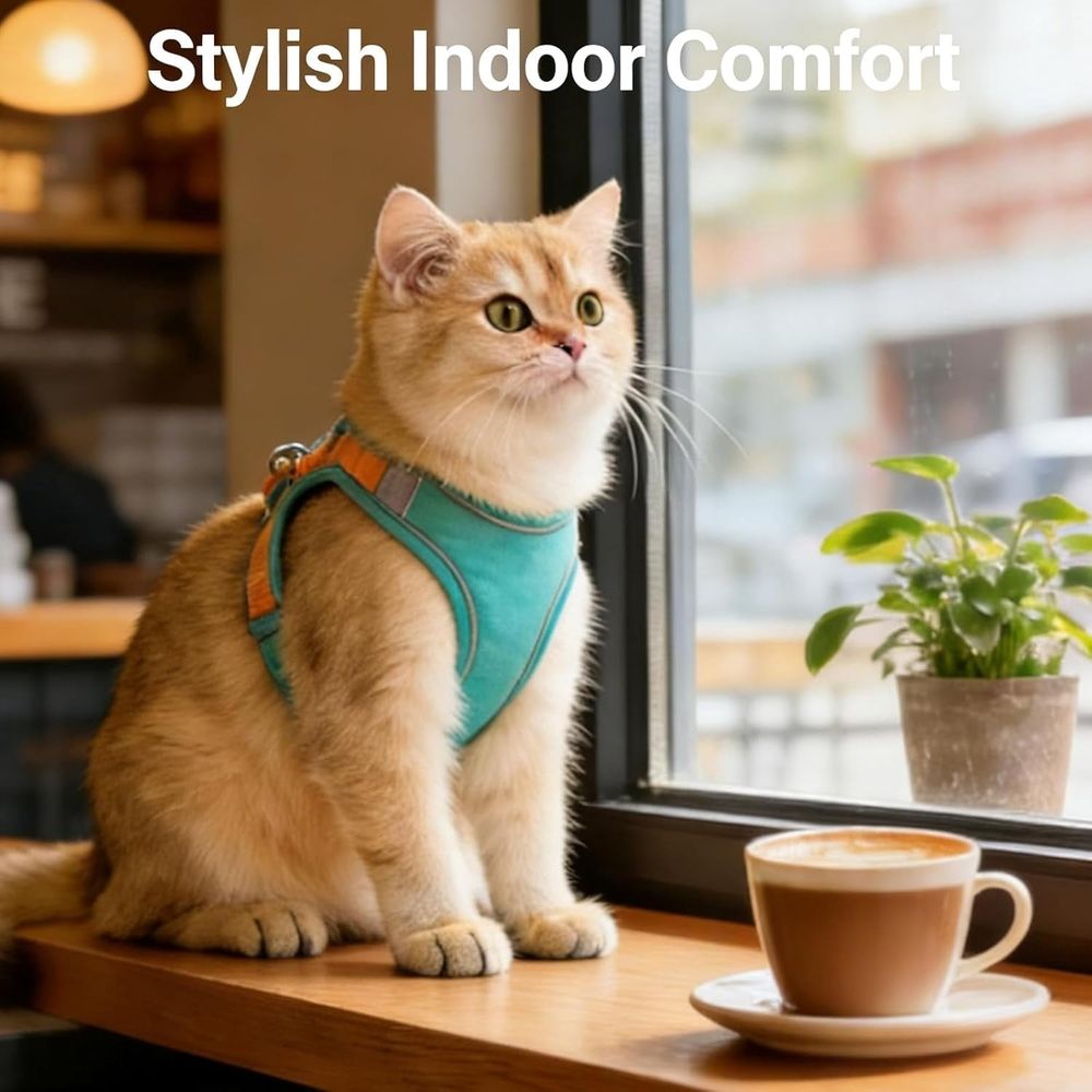 Escape-Proof Step-in Cat Harness and leash rabbit Set. Breathable Soft Adjustable Vest with Reflective Strips for Cats XL Blue Orange