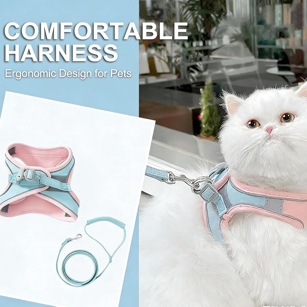 Escape-Proof Step-in Cat Harness and leash rabbit Set. Breathable Soft Adjustable Vest with Reflective Strips for Cats XL Blue Orange