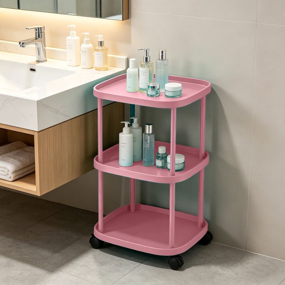 3-Tier Rolling Storage Cart with Wheels & Brakes, Multifunctional Utility Organizer Cart, Mobile Shelving Unit for Kitchen, Bathroom, Laundry, Bedroom & Office, Pink