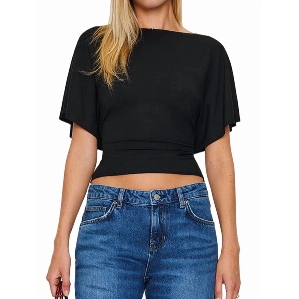 Women'S Wrap Tops Casual Short Sleeve Tie Back Cinched Waist T Shirts Trendy Boat Neck Blouse