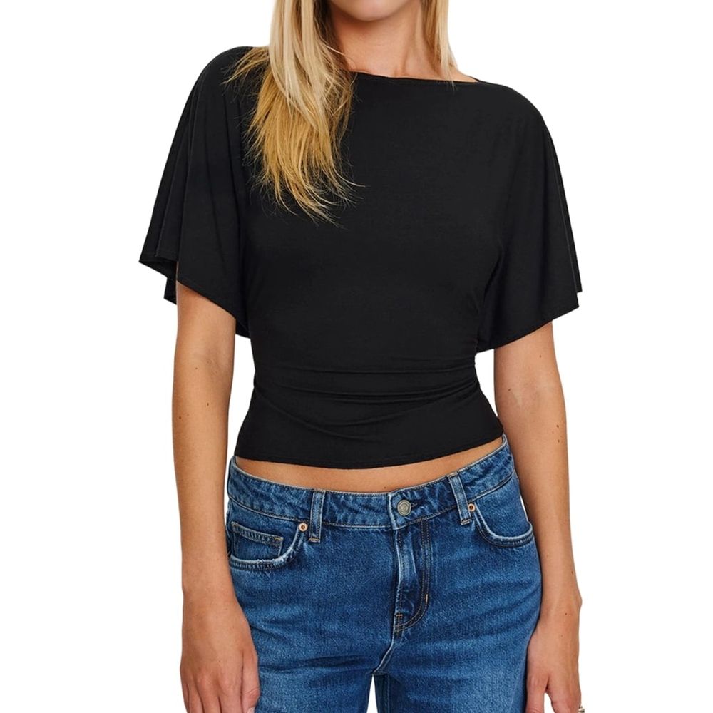 Women'S Wrap Tops Casual Short Sleeve Tie Back Cinched Waist T Shirts Trendy Boat Neck Blouse