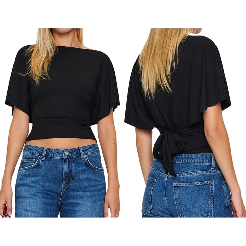 Women'S Wrap Tops Casual Short Sleeve Tie Back Cinched Waist T Shirts Trendy Boat Neck Blouse