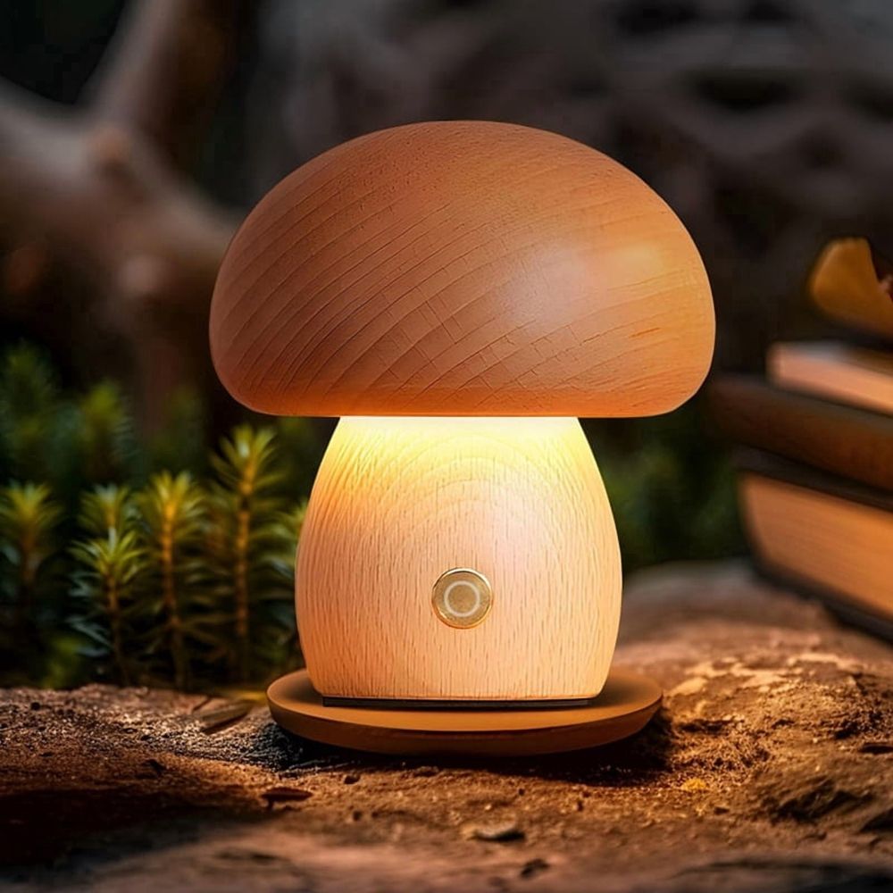 Wooden Mushroom Lamp, Portable Cordless Rechargeable Battery Operated Lamp,Stepless Dimming, Night Light for Gifts