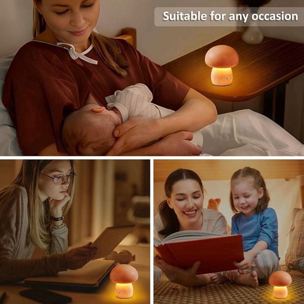 Wooden Mushroom Lamp, Portable Cordless Rechargeable Battery Operated Lamp,Stepless Dimming, Night Light for Gifts
