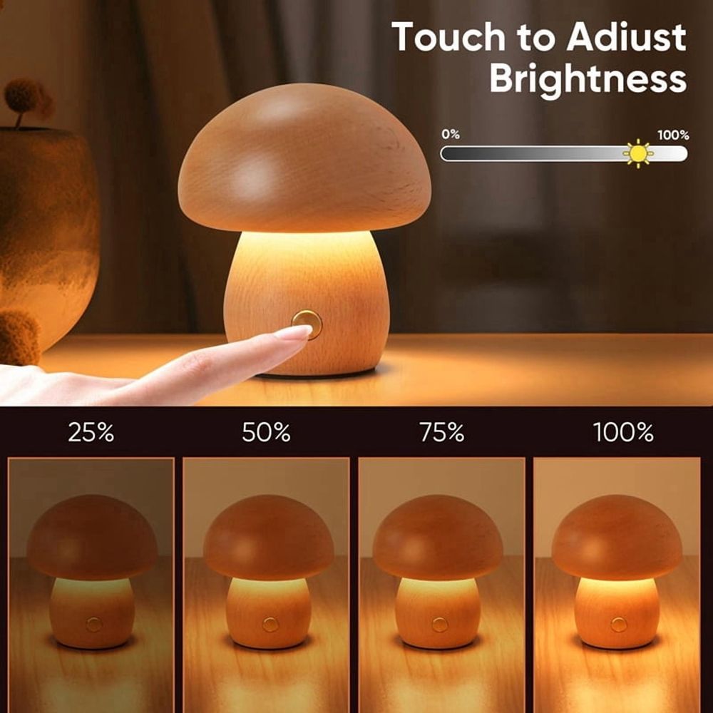 Wooden Mushroom Lamp, Portable Cordless Rechargeable Battery Operated Lamp,Stepless Dimming, Night Light for Gifts