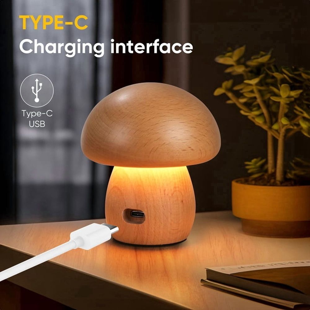 Wooden Mushroom Lamp, Portable Cordless Rechargeable Battery Operated Lamp,Stepless Dimming, Night Light for Gifts