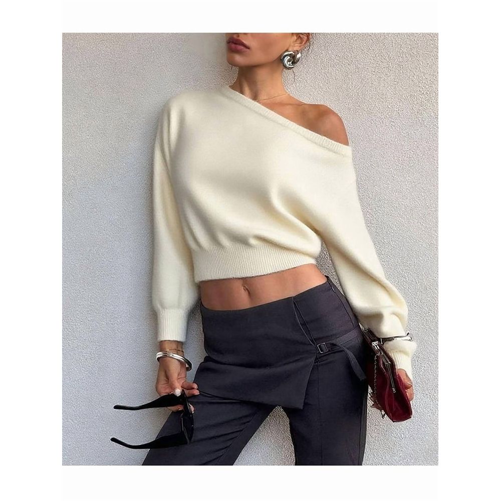 Women Off Shoulder Long Sleeve Pullover Sweater Top Trendy Boat Neck Soft Ribbed Knit Crop Sweater S