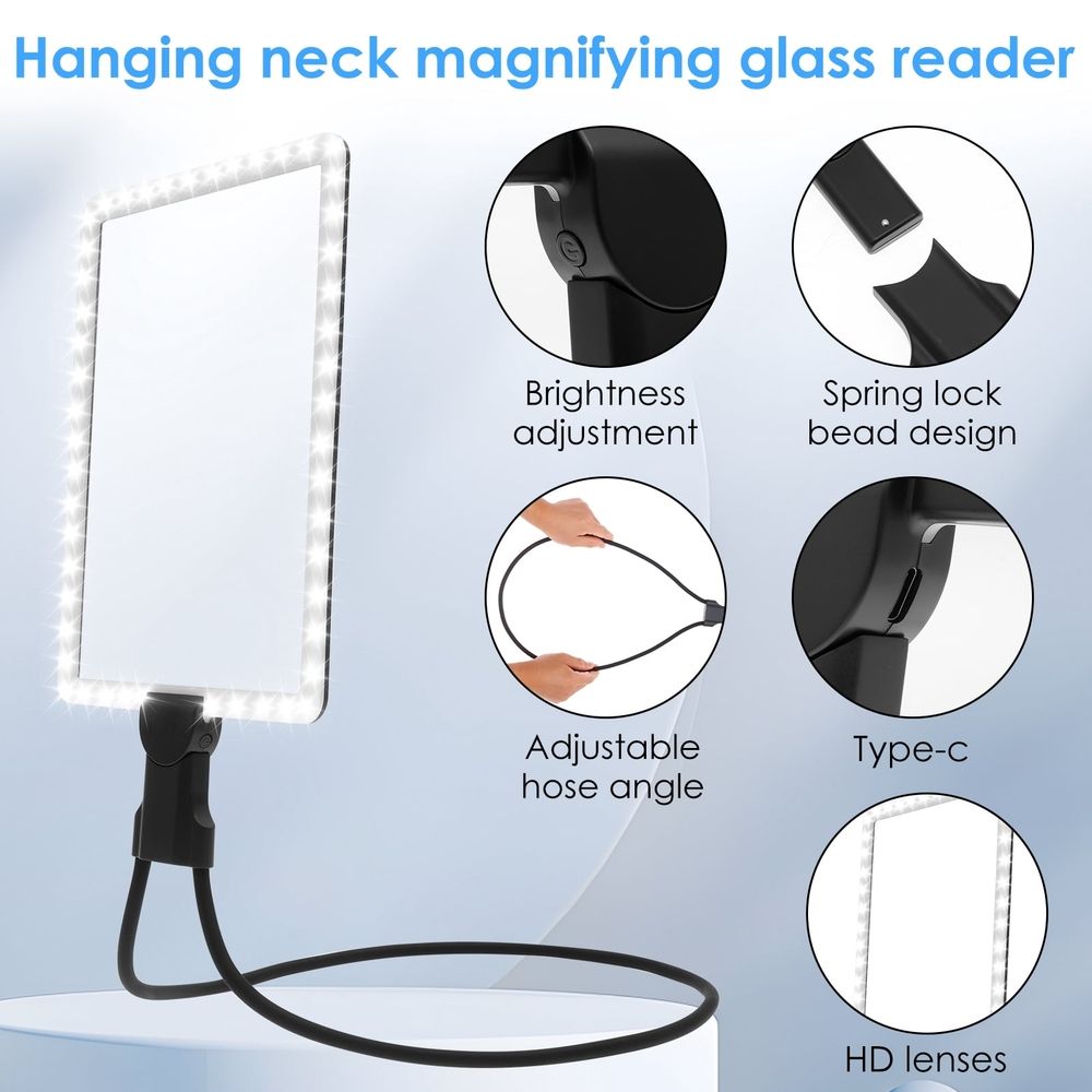 Magnifying Glass with Light Rechargeable Hands Free Full Page Reading Magnifier with Neck Hanging 7.5 x 10.2in for Elderly Visual Impairment