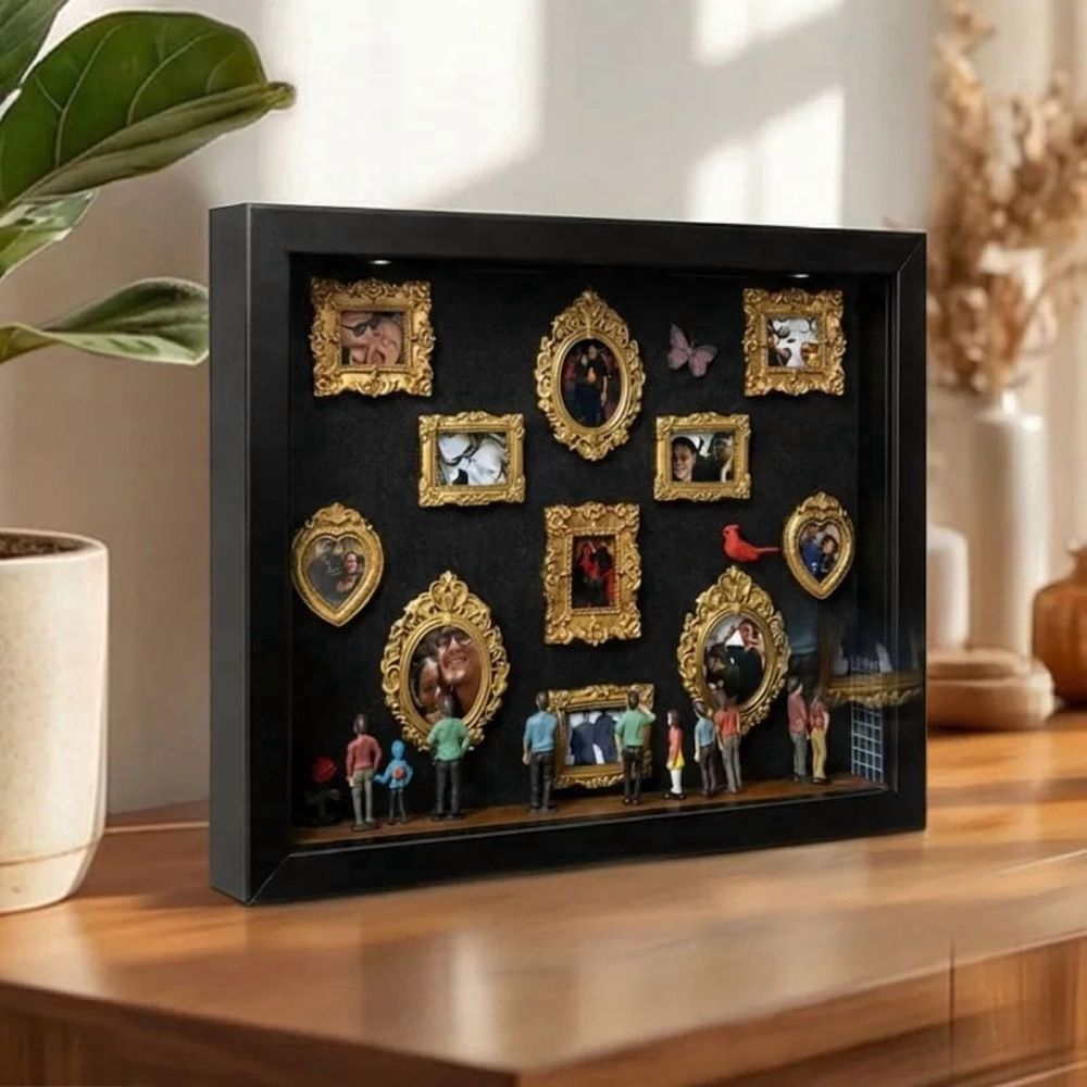 DIY Mini Memory Box Paper Cut Silhouette Shadow Box Kit with Gold Frames and Miniature Figurines for Personalized Art Keepsake Gift 10x10 Inch Display