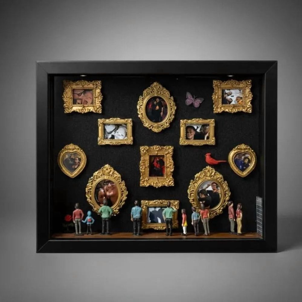 DIY Mini Memory Box Paper Cut Silhouette Shadow Box Kit with Gold Frames and Miniature Figurines for Personalized Art Keepsake Gift 10x10 Inch Display