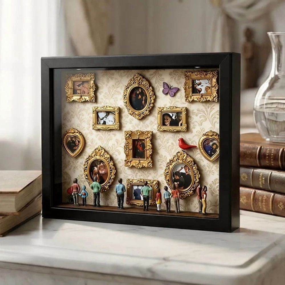 DIY Mini Memory Box Paper Cut Silhouette Shadow Box Kit with Gold Frames and Miniature Figurines for Personalized Art Keepsake Gift 10x10 Inch Display