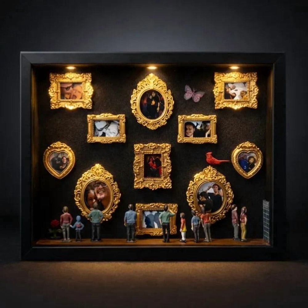 DIY Mini Memory Box Paper Cut Silhouette Shadow Box Kit with Gold Frames and Miniature Figurines for Personalized Art Keepsake Gift 10x10 Inch Display