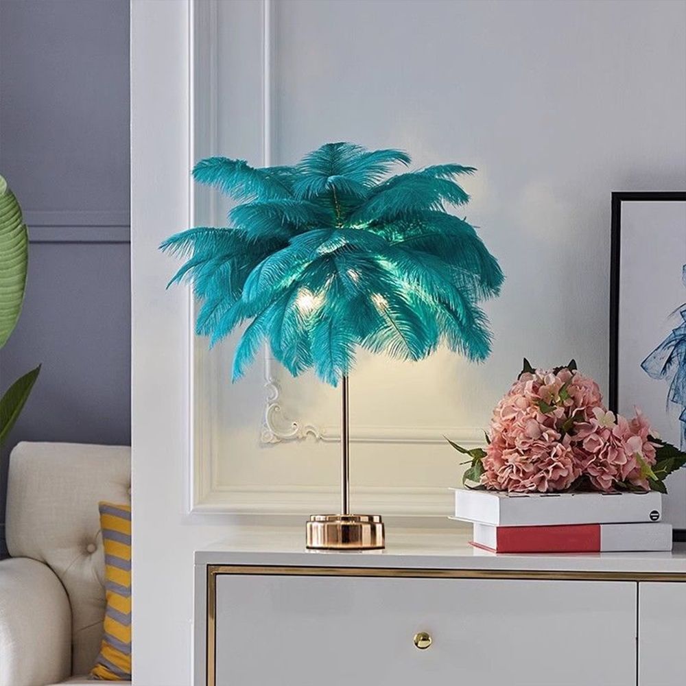 Feather Table Lamp Battery Operated LED Night Light with USB Port Soft Feathers for Bedroom Living Room Wedding Party Decor 15.7 Inch