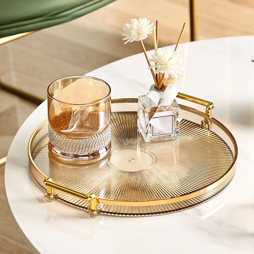 Fashion Round Serving Tray with Detachable Handles Transparent Plastic Decorative Tray for Coffee Table Tea Cups Dessert Storage 11.7in 4 Colors