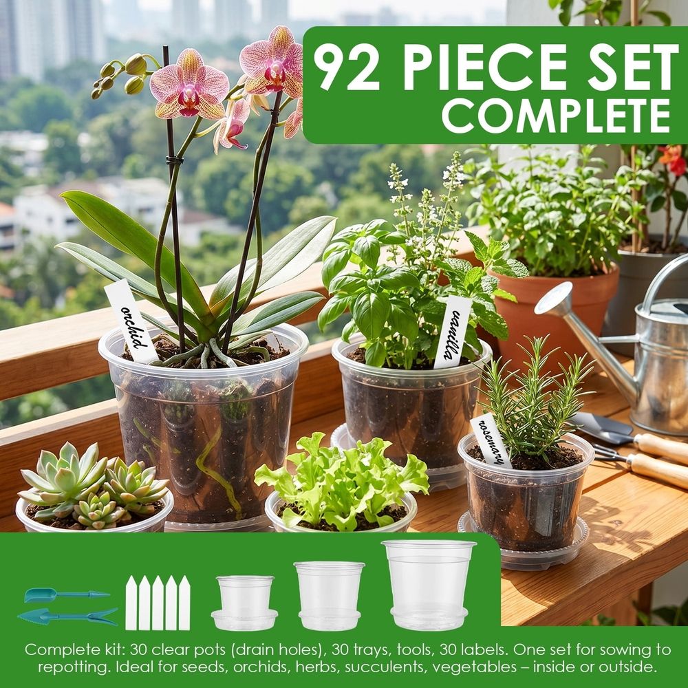 30Pcs Clear Nursery Pots with Multiple Drainage Holes & Dedicated Tray Transparent Seedling Flower Pot for Succulent Herb Orchid Flower