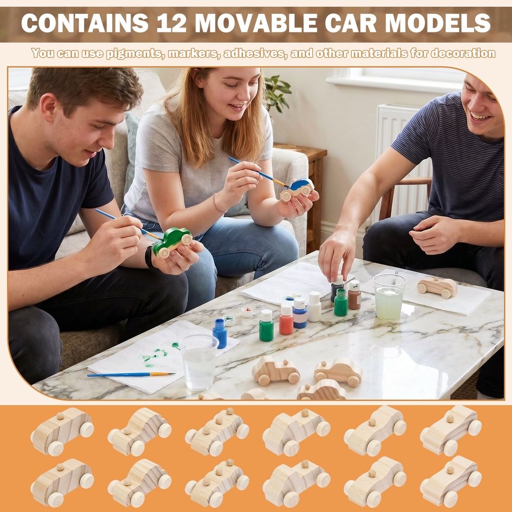 12Pcs Unfinished Wooden Race Car Set DIY Blank Car for Kid Painting and Craft Natural Wood Toy for Creative Art Project